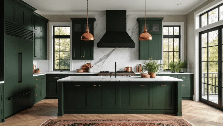 Photorealistic interior of a modern kitchen with forest green shaker cabinets, marble waterfall island, black range hood, and natural light from floor-to-ceiling windows, featuring brass pendant lights, vintage Persian runner on oak floors, and stainless steel appliances.