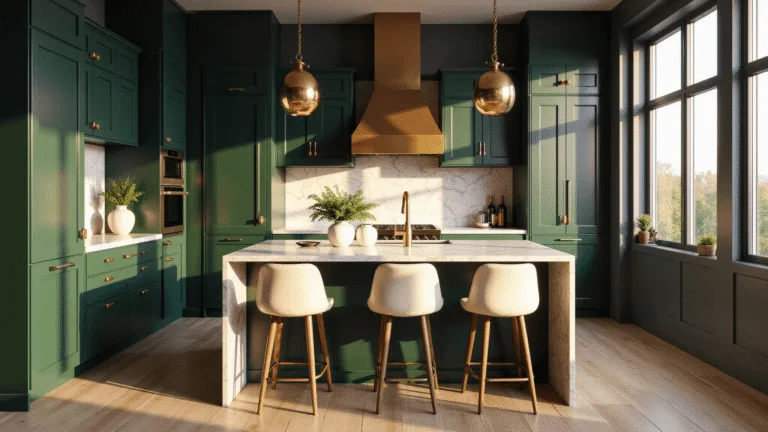 Photorealistic interior of a modern kitchen featuring deep forest green shaker cabinets, Calacatta marble countertops, and brass fixtures, illuminated by warm golden hour sunlight streaming through tall windows.