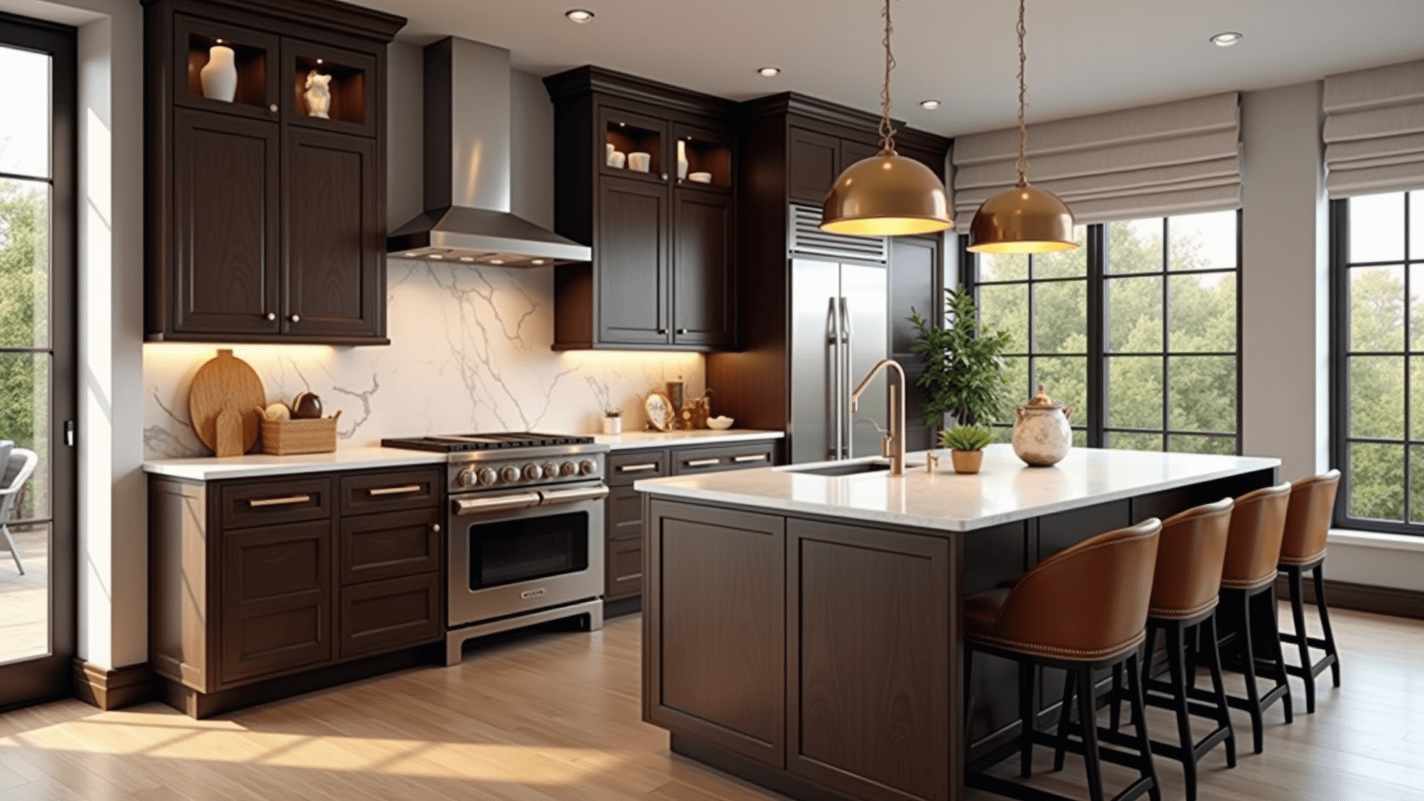 Photorealistic contemporary luxury kitchen with espresso-brown cabinets, white quartz countertops, and aged brass pendant lights, illuminated by warm morning light through floor-to-ceiling windows.