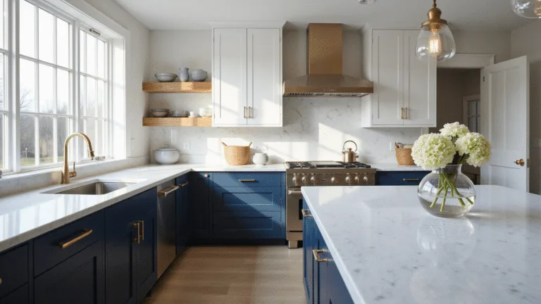 Photorealistic wide-angle shot of a modern coastal kitchen featuring two-tone cabinetry, Calacatta marble countertops, and artisanal decor, illuminated by natural light streaming through large windows.