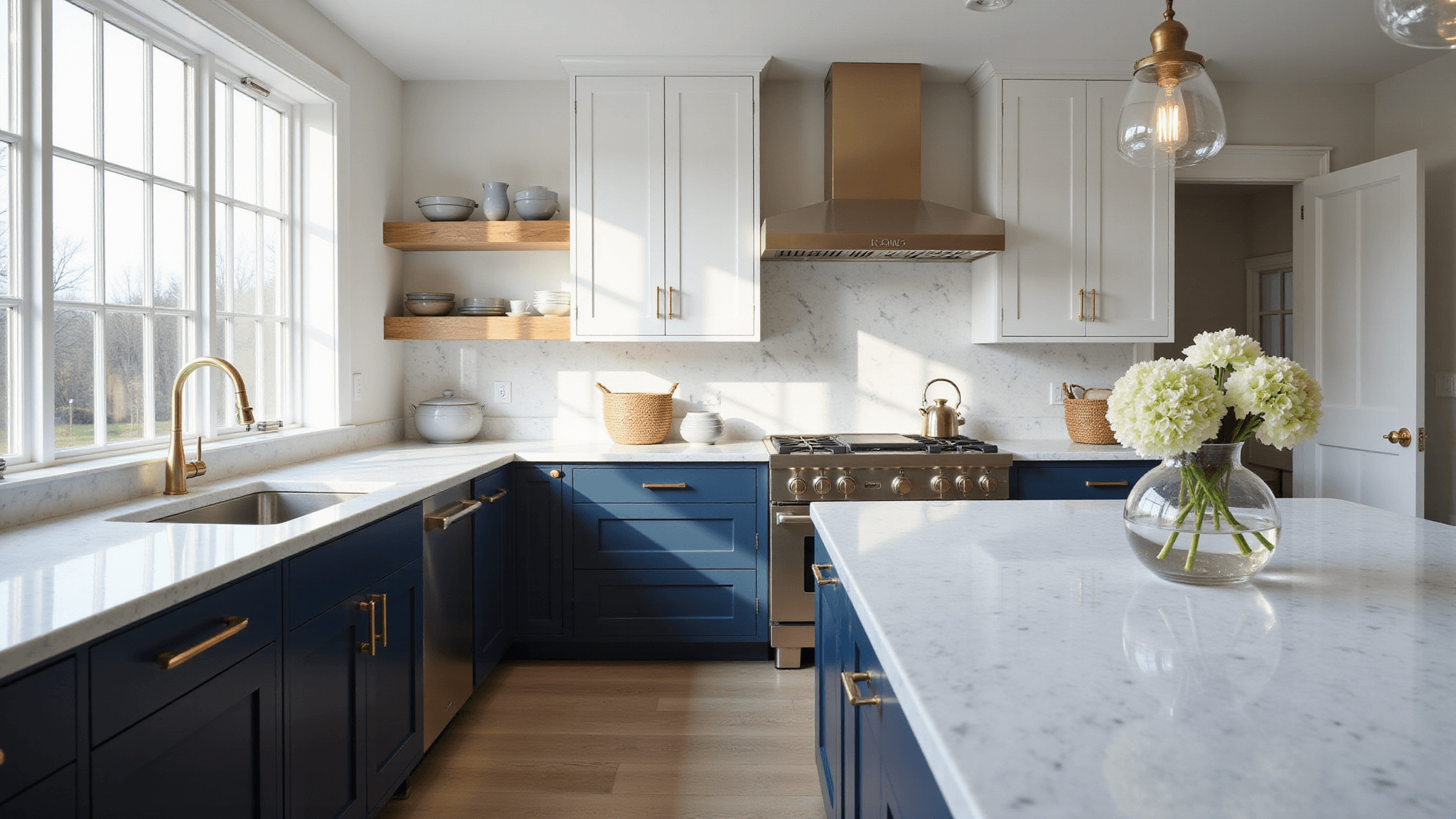 Kitchen Cabinet Color Combinations: Your Ultimate Design Guide Photorealistic wide-angle shot of a modern coastal kitchen featuring two-tone cabinetry, Calacatta marble countertops, and artisanal decor, illuminated by natural light streaming through large windows.