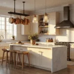 Photorealistic image of a sunlit modern kitchen featuring cream Shaker-style cabinets, a Calacatta marble waterfall island, and brass hardware, with weathered oak flooring and copper cookware. Soft shadows create dramatic lines, complemented by a white subway tile backsplash and professional-grade appliances. Crystal pendant lights and fresh flowers add elegance.