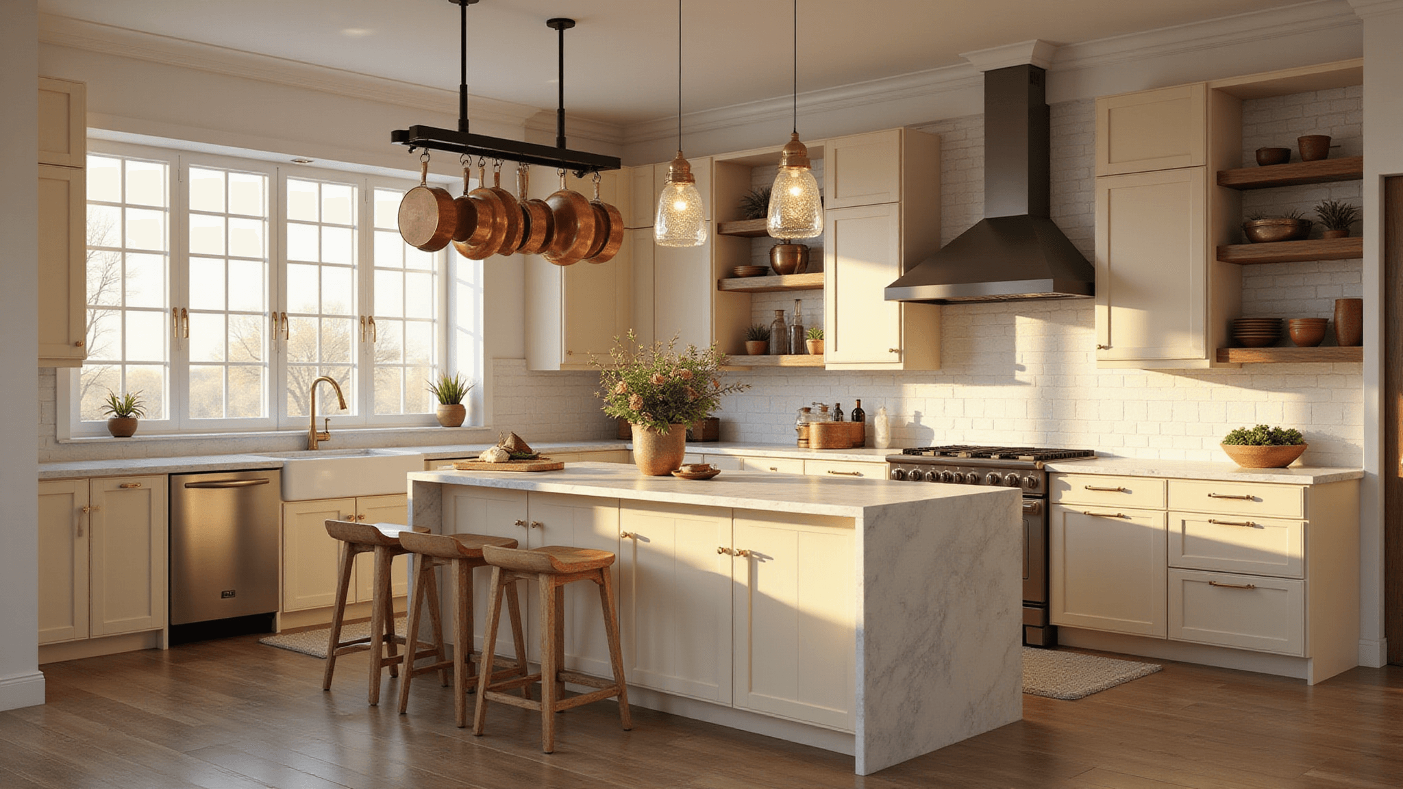 Photorealistic image of a sunlit modern kitchen featuring cream Shaker-style cabinets, a Calacatta marble waterfall island, and brass hardware, with weathered oak flooring and copper cookware. Soft shadows create dramatic lines, complemented by a white subway tile backsplash and professional-grade appliances. Crystal pendant lights and fresh flowers add elegance.