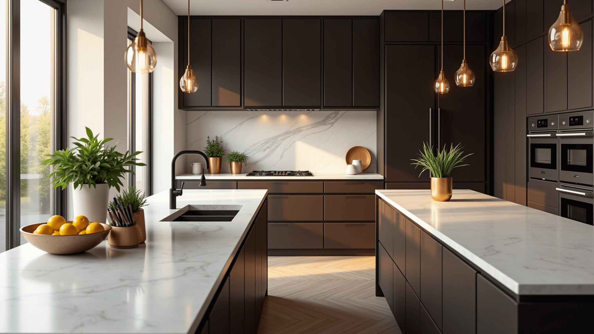 Photorealistic image of a modern kitchen with espresso-brown cabinets, white quartz waterfall countertops, and natural lighting through floor-to-ceiling windows, featuring brass pendant lights, white oak herringbone flooring, and minimal accessories.