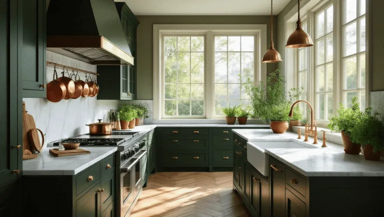 Photorealistic image of a sophisticated kitchen featuring forest green Shaker-style cabinets, Carrara marble countertops, and vintage copper pots, illuminated by morning light from large east-facing windows, with white oak herringbone flooring and terracotta pots of fresh herbs on the windowsill.