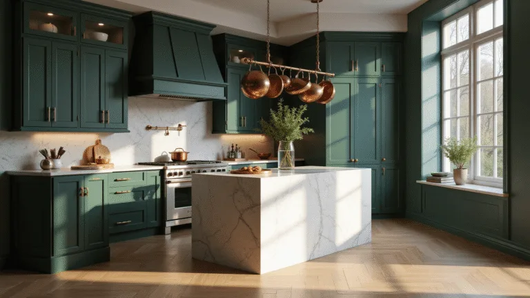 Photorealistic luxury kitchen interior featuring deep forest green Shaker-style cabinets, brass hardware, and a white marble waterfall island, illuminated by morning sunlight and complemented by copper cookware and wide-plank oak flooring.
