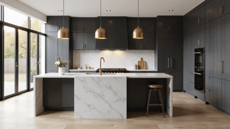 Photorealistic image of a spacious modern kitchen with dark charcoal grey shaker cabinets, a white quartz waterfall island, gold pendant lights, matte black appliances, white oak flooring, and a marble herringbone backsplash, captured in morning light with a soft focus.