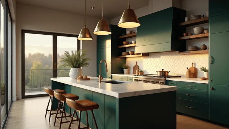 Photorealistic image of a luxurious modern kitchen featuring hunter green cabinets, brass hardware, and a Carrara marble island, with natural light from floor-to-ceiling windows and vintage pendant lights. The space includes walnut shelving with artisanal ceramics, fresh herbs in terracotta pots, and leather bar stools, all captured with a soft bokeh effect.