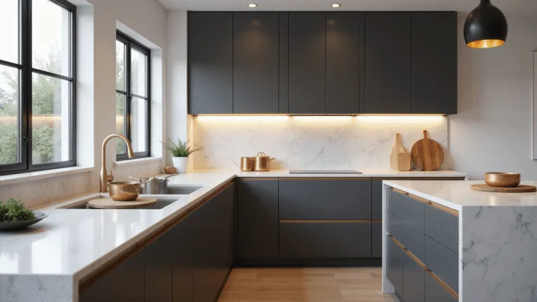 Photorealistic modern kitchen interior featuring matte charcoal gray cabinets with gold hardware, white quartz countertops, soft morning light, and strategic copper cookware staging.