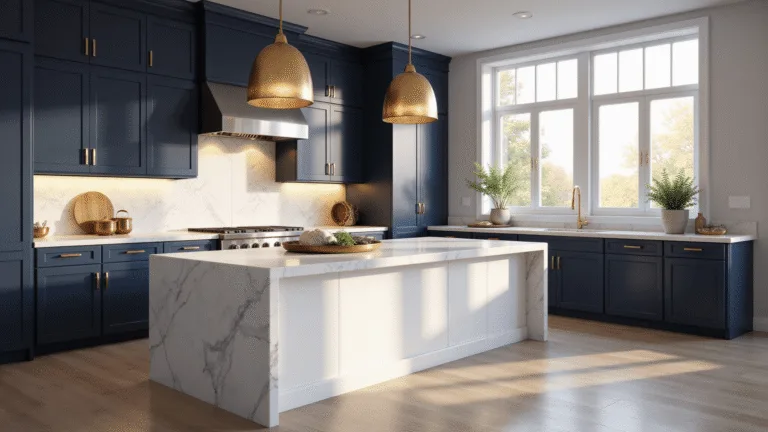 Photorealistic modern kitchen with navy blue shaker cabinets, white Calacatta marble island, aged brass pendant lights, and herringbone white marble backsplash, illuminated by golden hour sunlight through floor-to-ceiling windows.