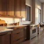 Photorealistic interior of a transitional kitchen with walnut Shaker cabinets, Carrara marble countertops, and warm golden hour lighting, showcasing a blend of modern and classic design elements.