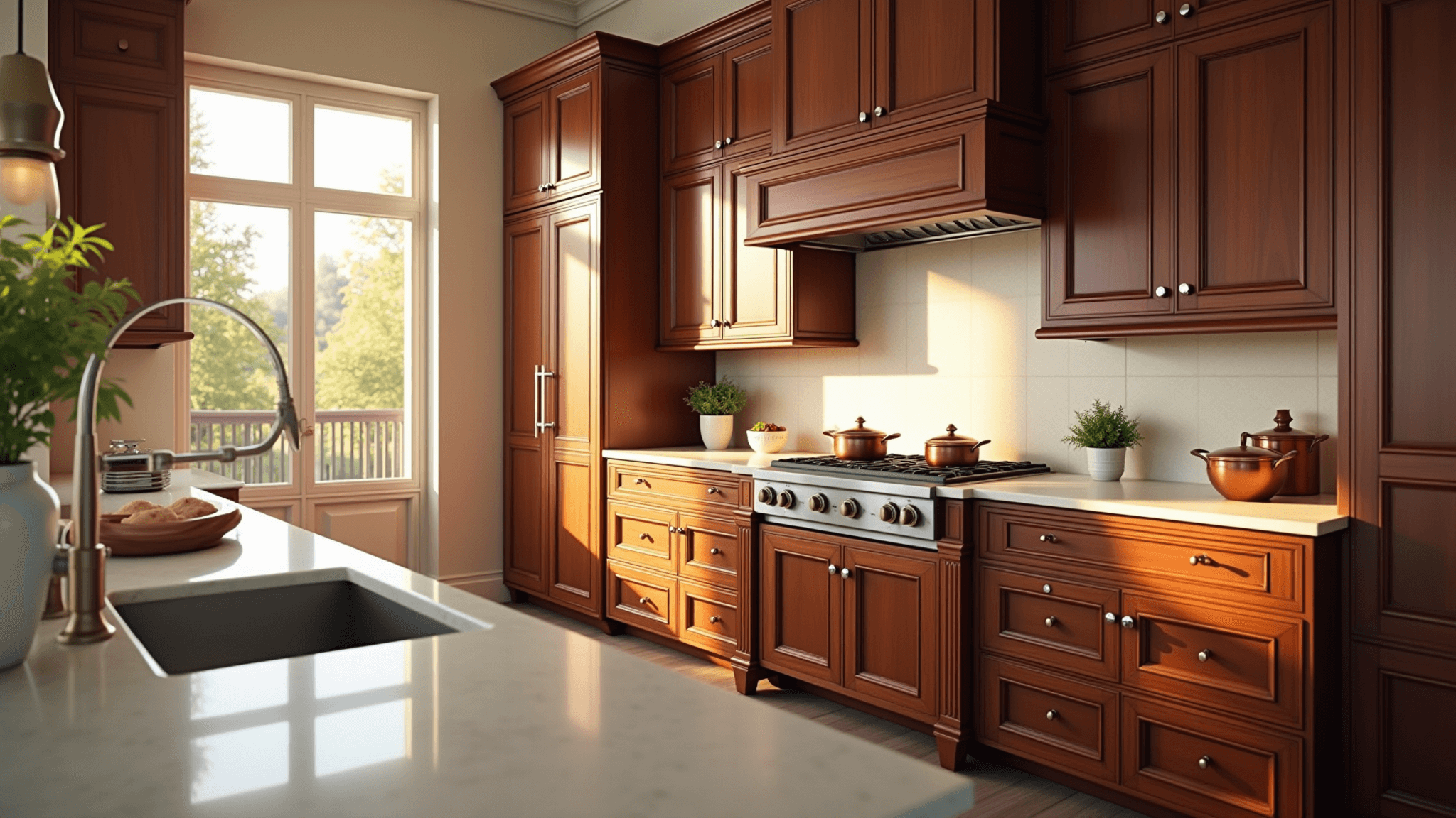 Photorealistic image of a spacious luxury kitchen featuring cherry wood cabinets, cream quartz countertops, polished brass hardware, and professional-grade stainless steel appliances, illuminated by golden hour light.