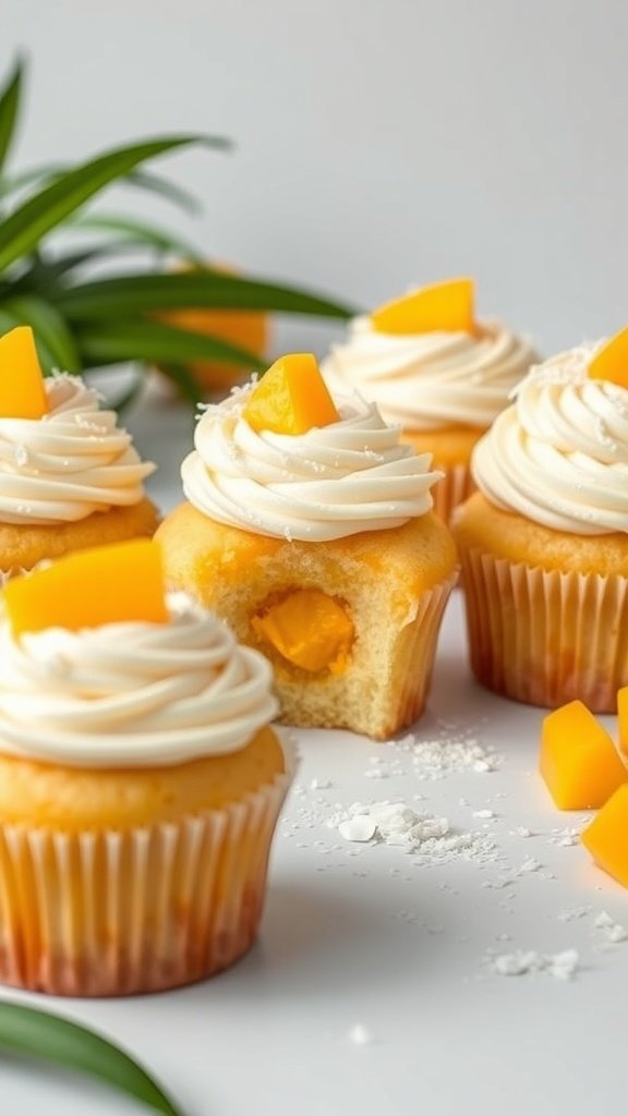 Mango Coconut Gender Reveal Cupcakes with a bite taken out, showcasing a mango filling.