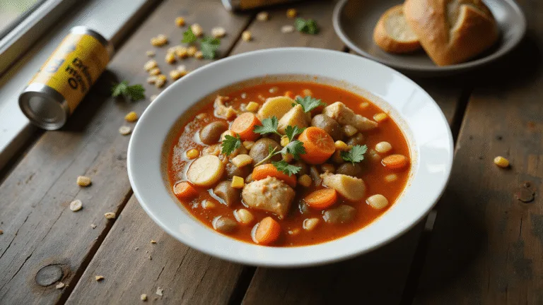 A photorealistic overhead shot of steaming Maryland crab soup in a rustic white ceramic bowl, featuring a rich tomato-based broth with chunks of blue crab meat, diced carrots, potatoes, corn, and lima beans, garnished with parsley, set on a weathered dark wooden table with natural light, an Old Bay seasoning tin, and crusty sourdough bread in the background.