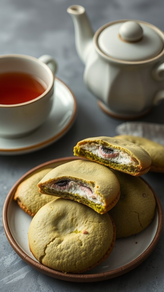 Matcha green tea cookies with a creamy filling, perfect for a gender reveal party.
