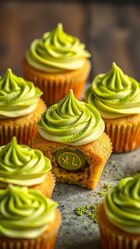 Matcha green tea cupcakes with green frosting and a surprise filling