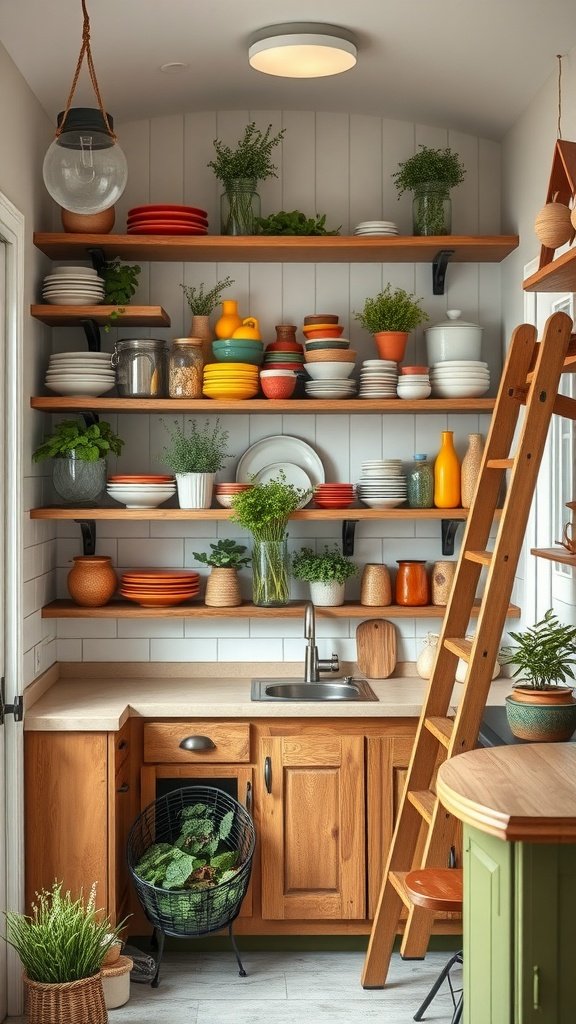 A cozy tiny cottage kitchen featuring open wooden shelves filled with colorful dishes and plants, with a ladder for access.