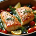 A photorealistic overhead shot of a rustic ceramic baking dish featuring perfectly cooked golden-brown grouper fillets, blistered cherry tomatoes, Kalamata olives, vibrant lemon wedges, and fresh herbs, with steam rising and glistening olive oil pooling around the fish, showcasing texture and seasonings in natural window light.