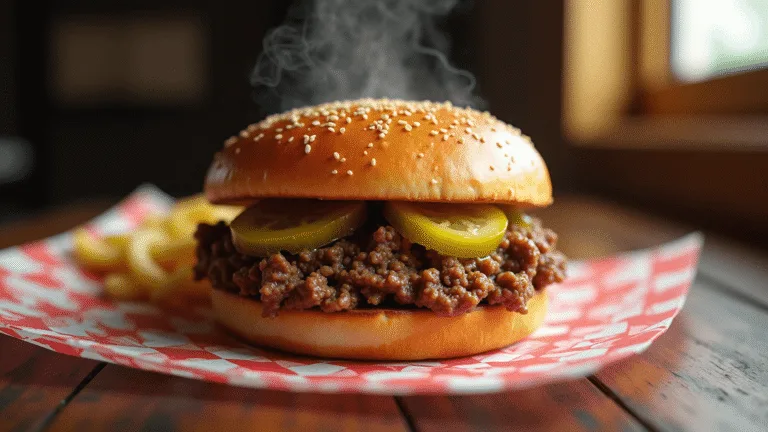 Photorealistic close-up of a toasted hamburger bun filled with finely-crumbled seasoned beef, garnished with dill pickle chips, on red and white checkered paper, set on a rustic wooden table with soft window light in the background.