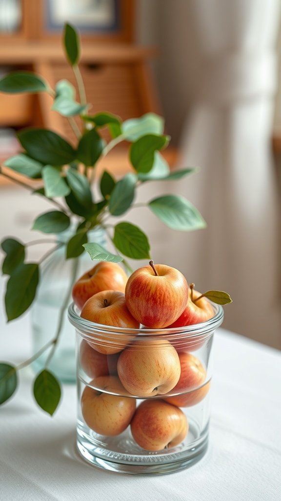 A glass jar filled with miniature apples, surrounded by green leaves.
