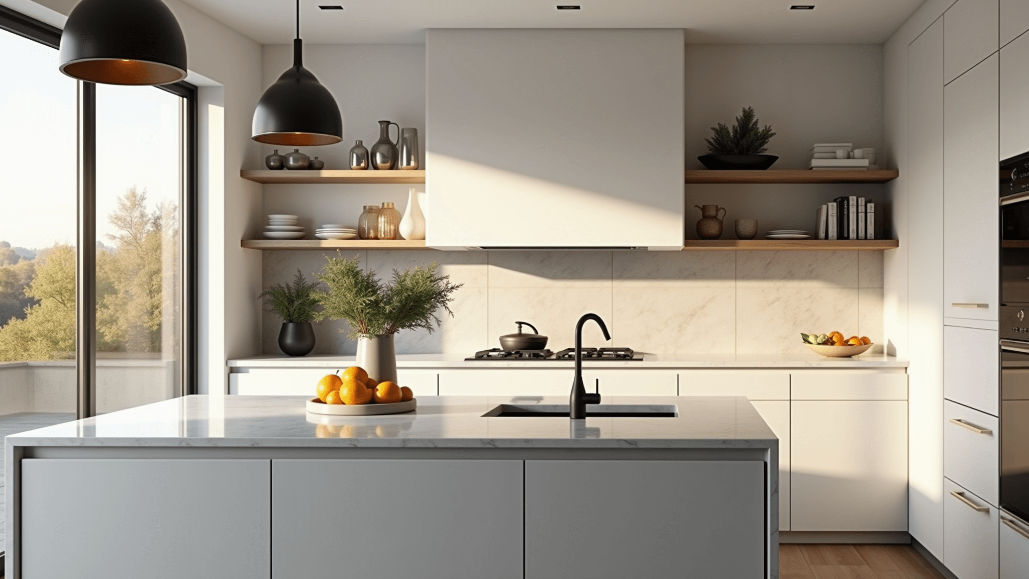 A hyperrealistic, modern minimalist kitchen featuring bright white walls and no upper cabinets, with sleek lower cabinets, an oversized Carrara marble island, dramatic morning light from floor-to-ceiling windows, geometric cement tile backsplash, and matte black pendant lights, all styled with curated ceramics and fresh herbs.