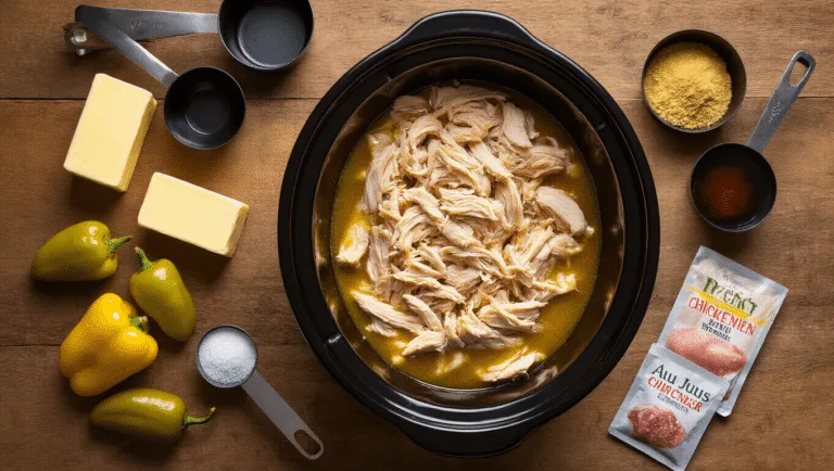 A rustic kitchen counter featuring a black slow cooker filled with shredded chicken in butter sauce, surrounded by yellow-green pepperoncini peppers, chicken breasts, and seasoning packets, with steam rising and warm earthy colors.