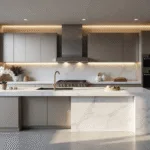 Photorealistic interior of a modern luxury kitchen featuring matte aluminum cabinets, a dramatic waterfall island, stainless steel appliances, and natural lighting with a minimalist design aesthetic.
