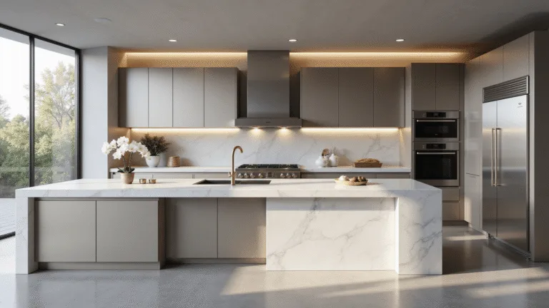 Photorealistic interior of a modern luxury kitchen featuring matte aluminum cabinets, a dramatic waterfall island, stainless steel appliances, and natural lighting with a minimalist design aesthetic.