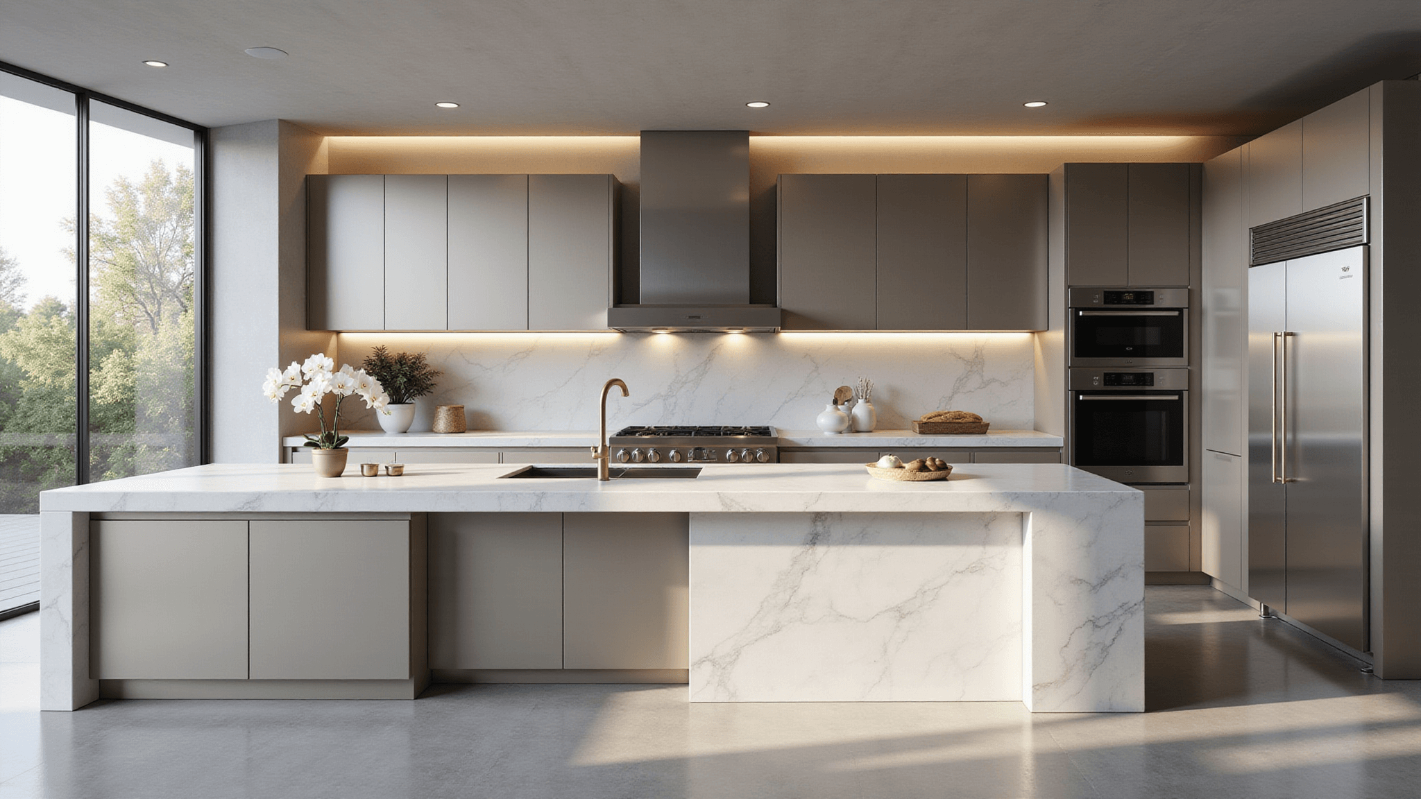 Photorealistic interior of a modern luxury kitchen featuring matte aluminum cabinets, a dramatic waterfall island, stainless steel appliances, and natural lighting with a minimalist design aesthetic.