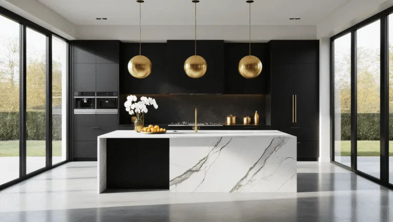 Photorealistic image of a contemporary black kitchen featuring matte black handleless cabinets, a massive white quartzite waterfall island, brushed gold pendant lights, and floor-to-ceiling windows, illuminated by morning natural light with dramatic shadows and highlights, showcasing minimal decor including a single white orchid and arranged citrus fruits.
