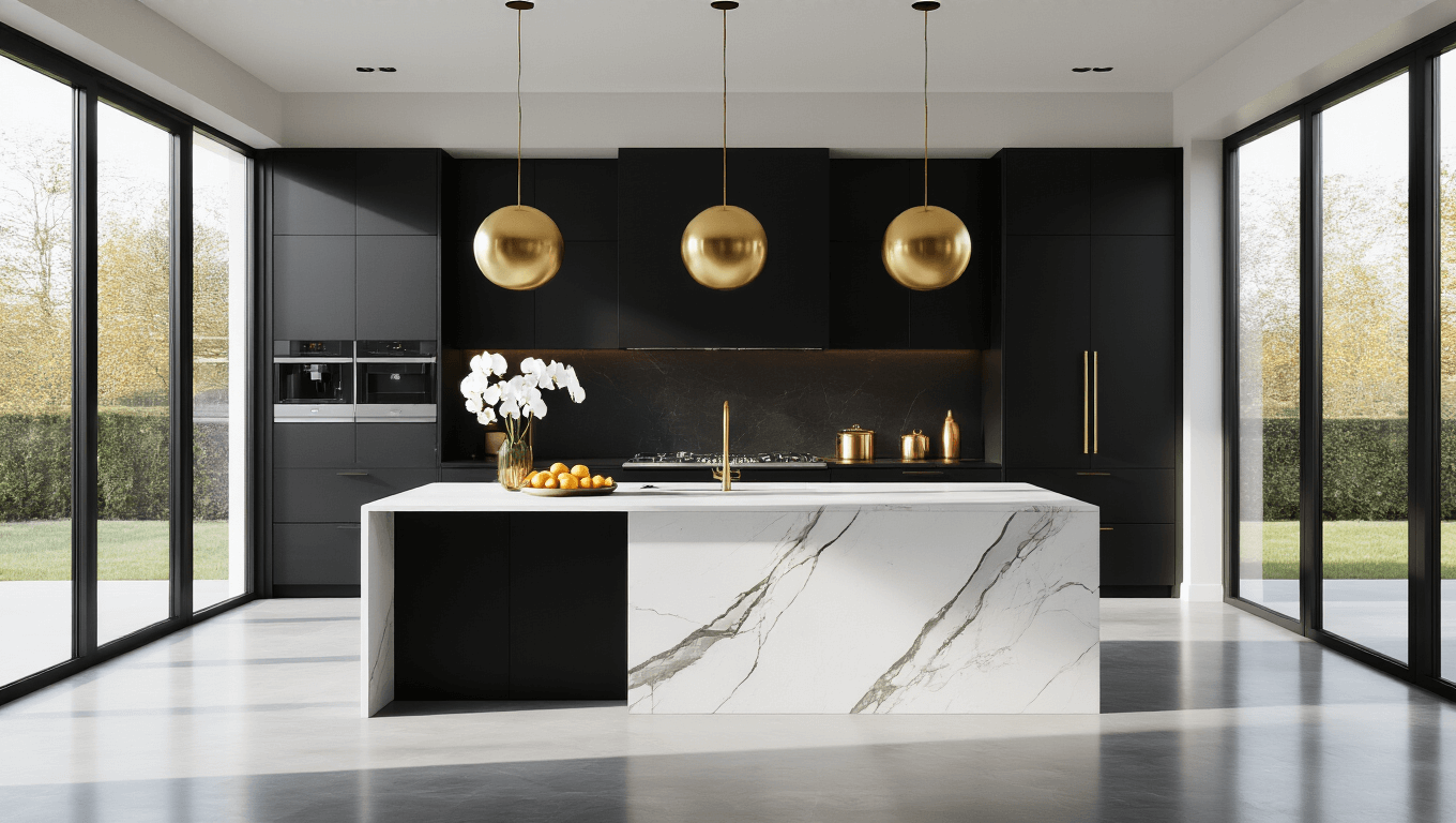 Photorealistic image of a contemporary black kitchen featuring matte black handleless cabinets, a massive white quartzite waterfall island, brushed gold pendant lights, and floor-to-ceiling windows, illuminated by morning natural light with dramatic shadows and highlights, showcasing minimal decor including a single white orchid and arranged citrus fruits.