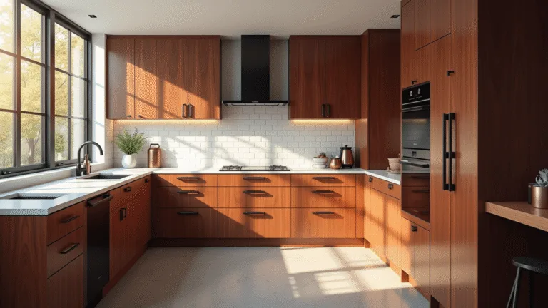 Photorealistic interior of a modern cherry wood kitchen bathed in warm morning sunlight, featuring white quartz countertops, matte black hardware, and a copper coffee station, set against a handcrafted subway tile backsplash.