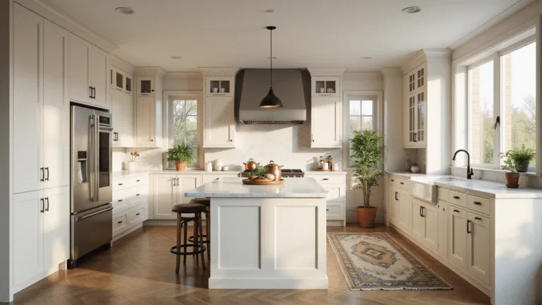 Photorealistic modern kitchen featuring cream shaker-style cabinets, Carrara marble countertops, and a large central island with copper cookware, illuminated by natural morning sunlight through floor-to-ceiling windows, with oak herringbone floors and a vintage Persian rug.