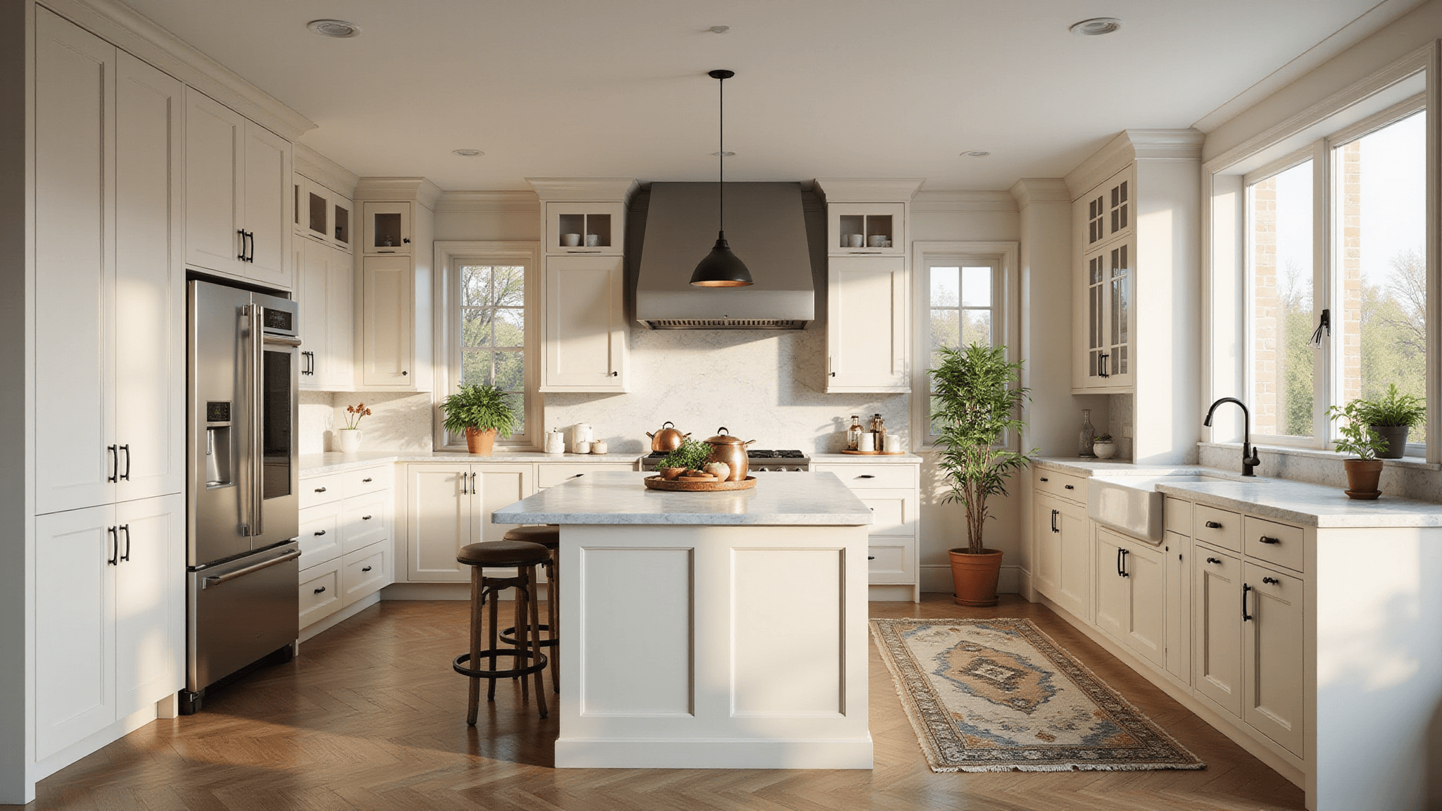 Photorealistic modern kitchen featuring cream shaker-style cabinets, Carrara marble countertops, and a large central island with copper cookware, illuminated by natural morning sunlight through floor-to-ceiling windows, with oak herringbone floors and a vintage Persian rug.