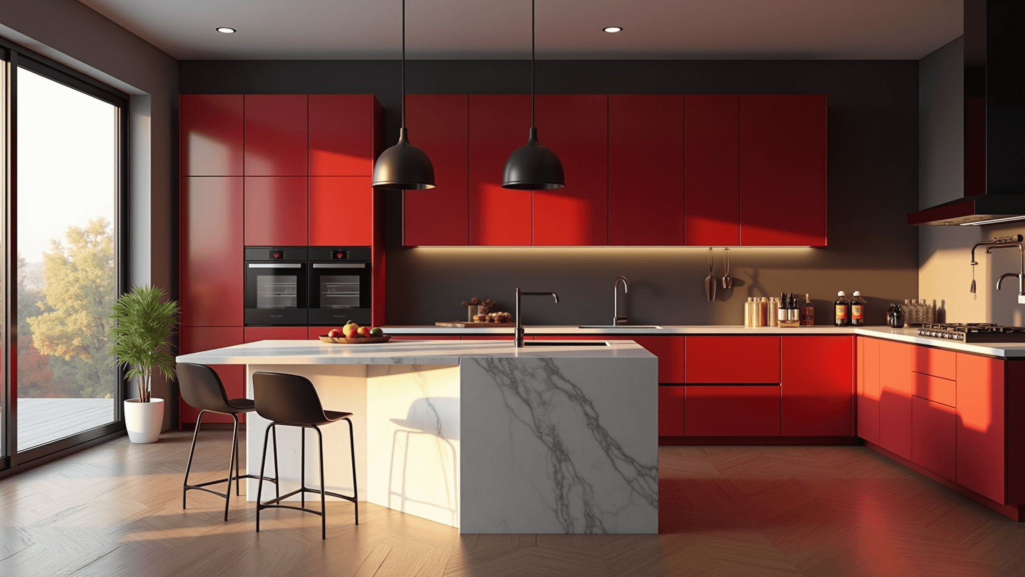Photorealistic image of a contemporary kitchen featuring rich crimson lacquered cabinets, a white quartz waterfall island, warm walnut herringbone floors, and industrial pendant lights, illuminated by golden hour sunlight through floor-to-ceiling windows, highlighting luxurious textures and high-end appliances.