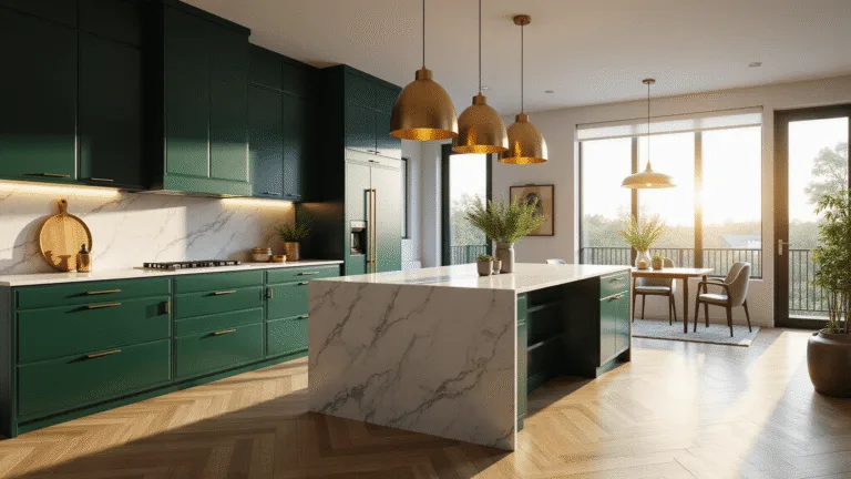 Photorealistic image of a luxurious contemporary kitchen featuring deep emerald green cabinets, Carrara marble countertops, brushed gold pendant lights, and white oak herringbone floors, bathed in golden hour light.