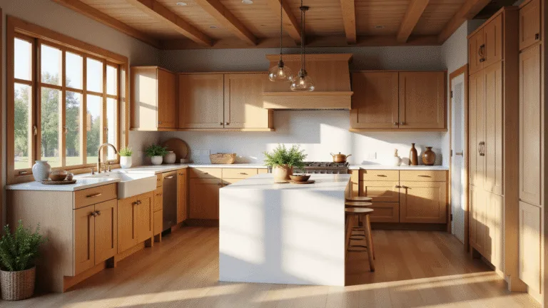 A photorealistic wide-angle interior shot of a sunlit modern farmhouse kitchen with hickory cabinets, a quartz waterfall island, and artisanal decor, showcasing warm honey tones and rich textures.