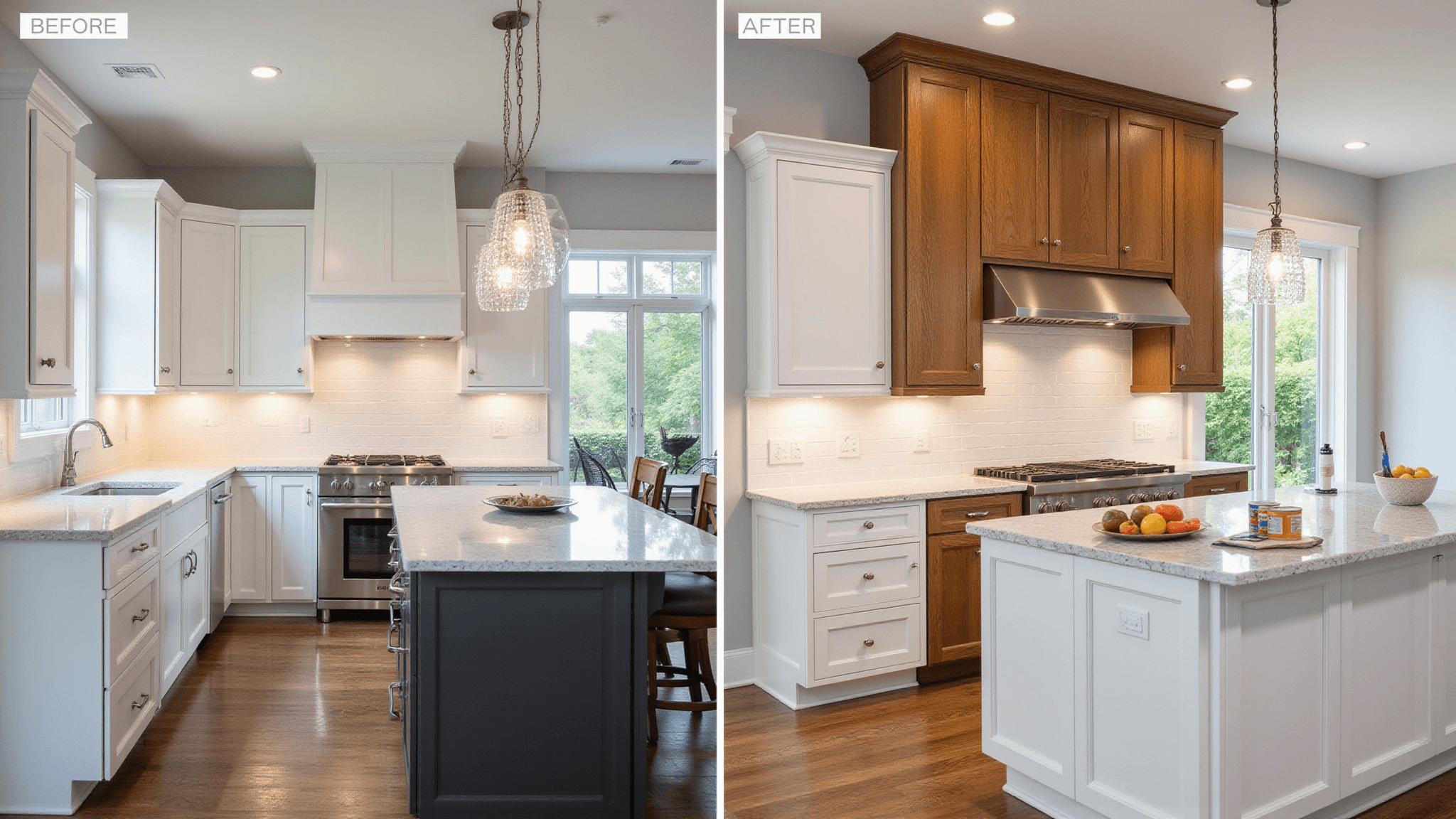 Transforming Your Kitchen: The Ultimate Guide to Painting Kitchen Cabinets Split-screen image showcasing a modern farmhouse kitchen transformation, featuring traditional oak cabinets on one side and sleek white shaker cabinets on the other, illuminated by morning sunlight through a bay window, with a quartz waterfall island, brushed nickel hardware, and stylish pendant lights, captured in photorealistic detail with a cinematic color grading.