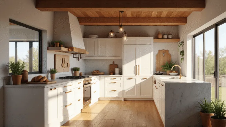 A sunlit modern farmhouse kitchen featuring white oak cabinets, brass hardware, and a marble waterfall island, with dramatic morning light streaming through large windows, wooden ceiling beams, and artisanal ceramics, captured in a photorealistic style.