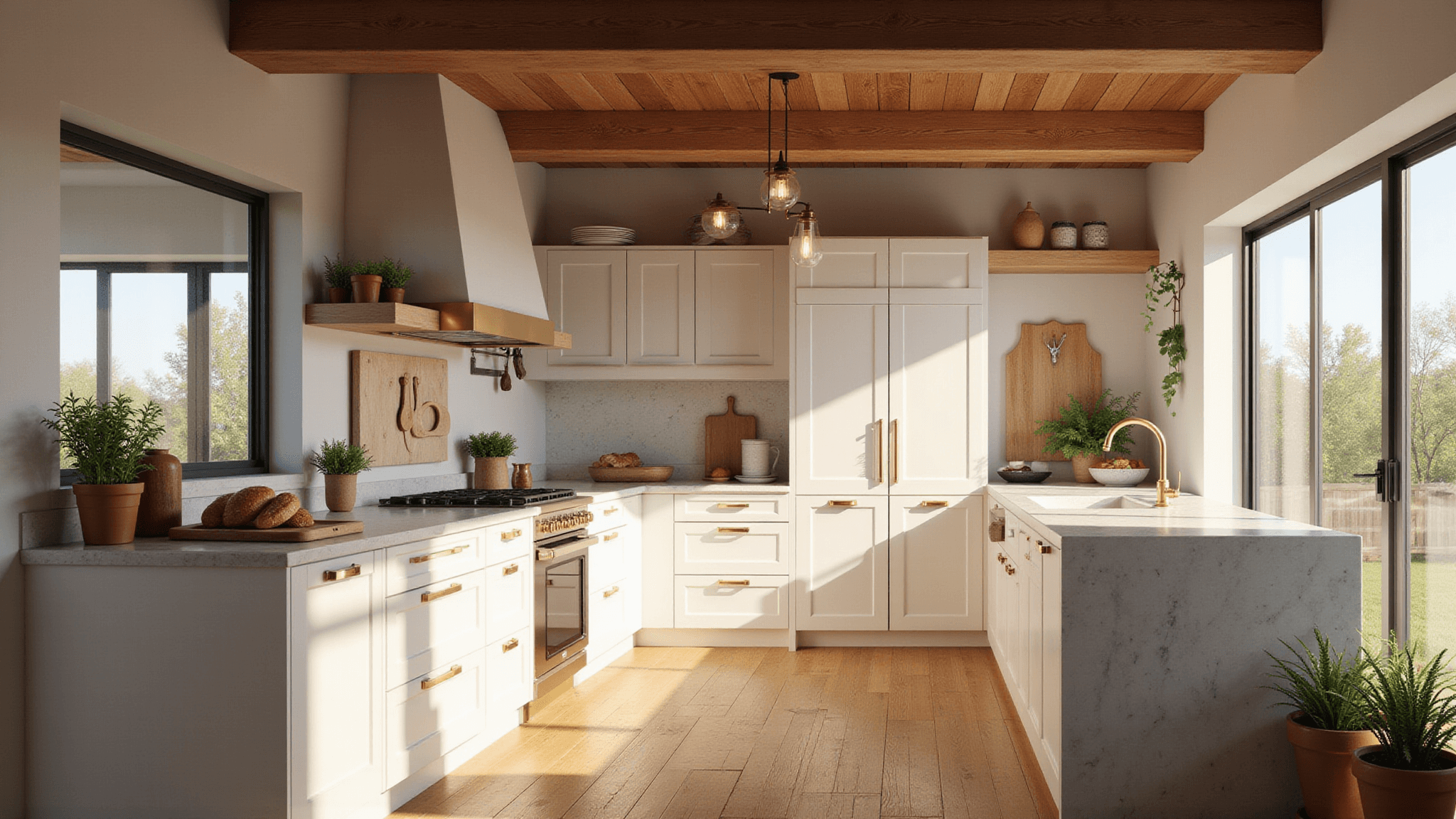 A sunlit modern farmhouse kitchen featuring white oak cabinets, brass hardware, and a marble waterfall island, with dramatic morning light streaming through large windows, wooden ceiling beams, and artisanal ceramics, captured in a photorealistic style.
