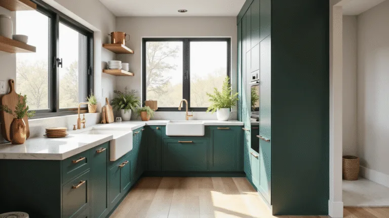 A modern forest green kitchen featuring lacquered cabinets with brass hardware, a white quartz waterfall island, and wide-plank white oak floors, illuminated by morning sunlight through east-facing windows, showcasing copper cookware, white ceramic vases, and artisanal wooden cutting boards, captured in hyperrealistic detail with dramatic depth of field.