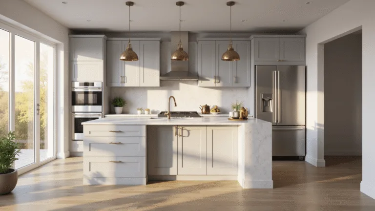Photorealistic light gray kitchen interior featuring shaker cabinets and a white quartz island, illuminated by golden hour sunlight, with stainless steel appliances and a marble backsplash, creating an airy and sophisticated atmosphere.