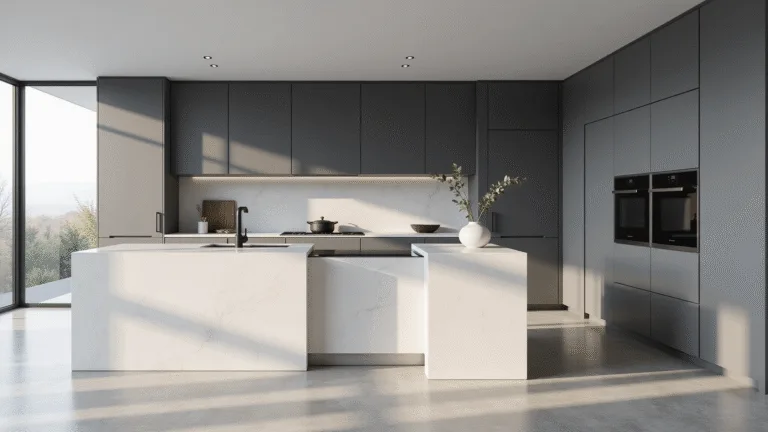 A luxurious modern kitchen featuring matte grey flat-panel cabinets, a white quartz waterfall island, polished concrete floors, and matte black hardware, captured in soft natural morning light with a focus on geometric composition and negative space.