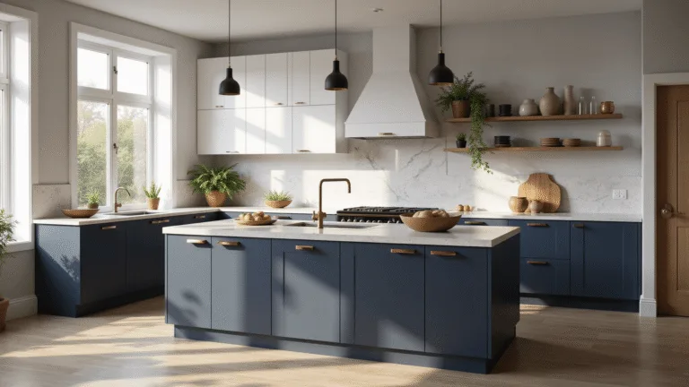 A modern Scandinavian kitchen featuring matte white SEKTION cabinets, navy blue base cabinets, and a quartz waterfall island, illuminated by natural sunlight through large windows, showcasing artisanal ceramics and fresh herbs.