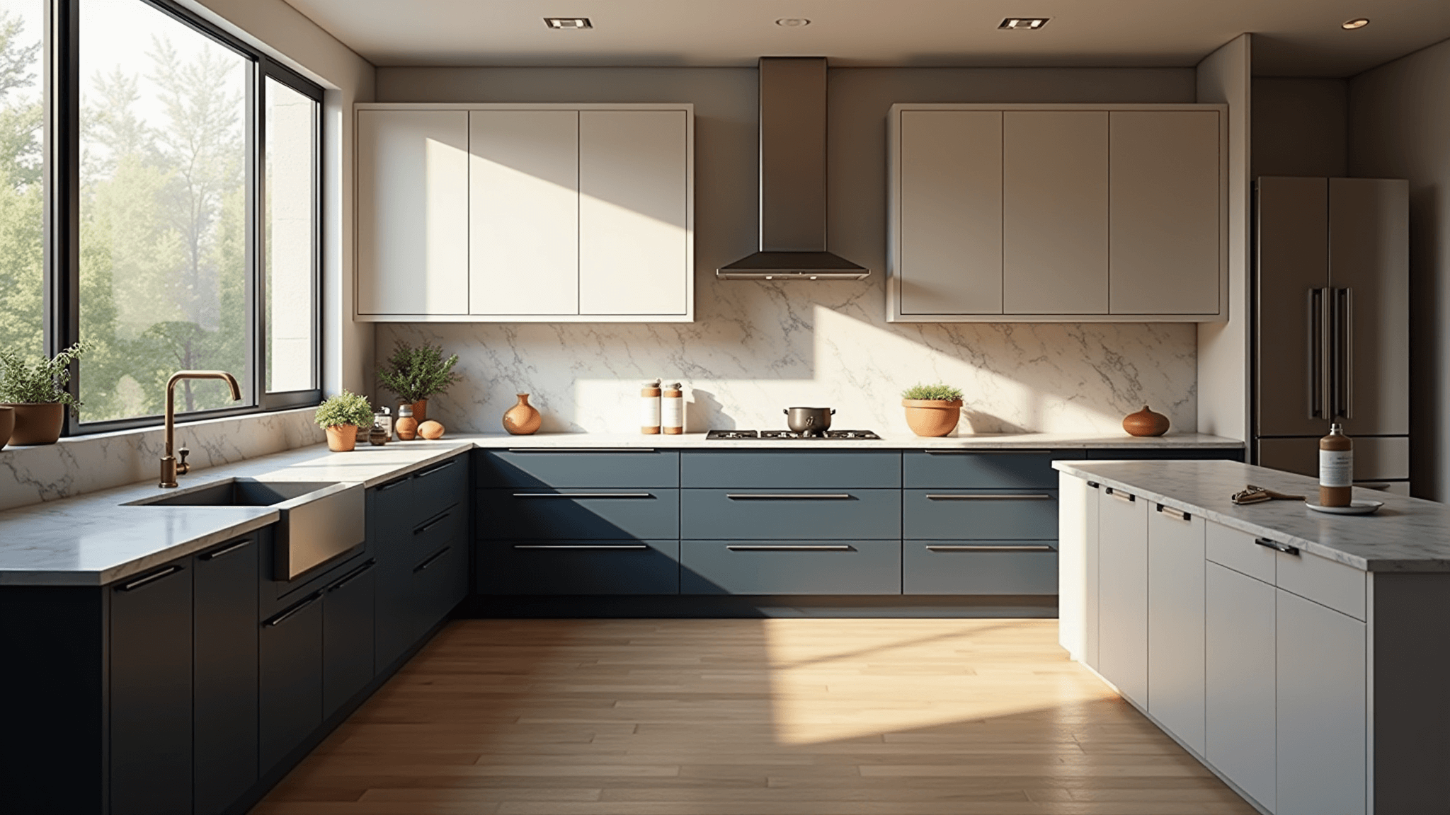 Photorealistic image of a modern kitchen renovation in progress, featuring two-tone navy blue and warm white cabinets, marble countertops, and large windows casting light and shadows, with custom cabinet frames and professional tools arranged on a workspace.