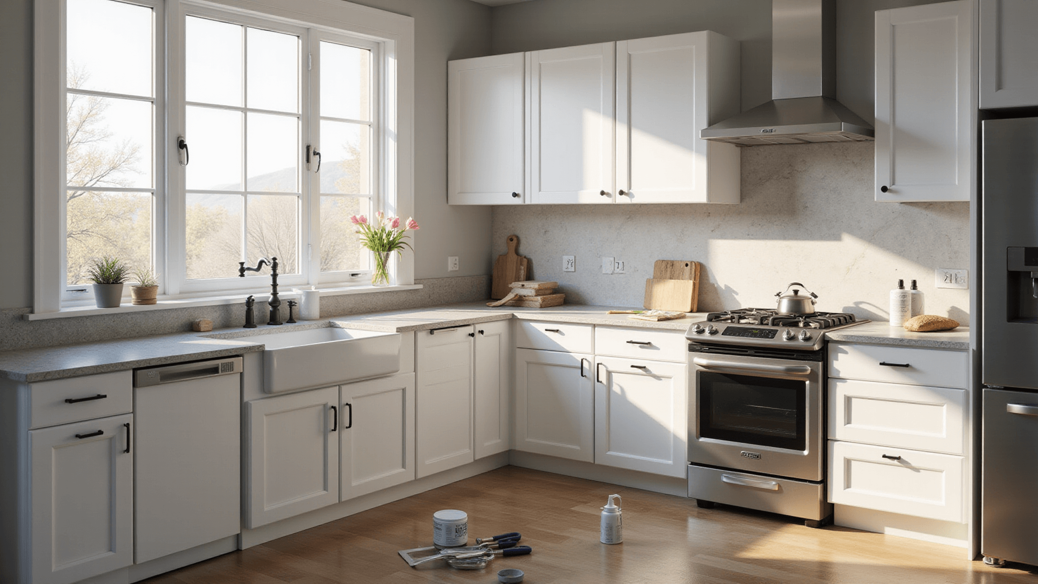 Photorealistic image of a bright modern kitchen featuring freshly painted white Shaker-style cabinets with matte black hardware, natural stone countertops, and stainless steel appliances, illuminated by soft morning sunlight, showcasing extreme detail and texture, with organized paint supplies in the foreground and a marble backsplash reflecting light.