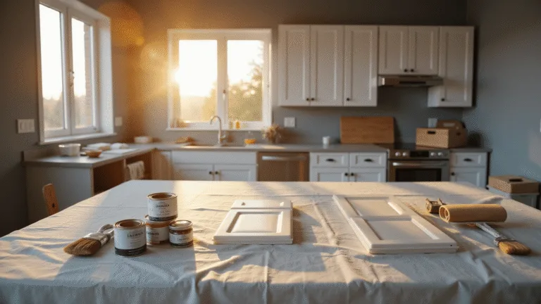Cinematic scene of a modern kitchen renovation featuring white Shaker cabinet doors on drop cloths, organized painting supplies, and natural sunlight creating dramatic shadows, captured in hyper-detailed 8K resolution.