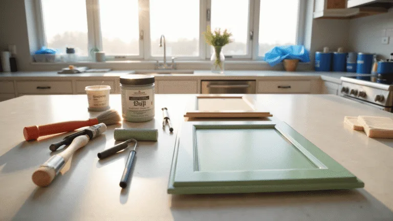 Photorealistic image of a modern kitchen cabinet painting process, featuring a bright space with natural light, a pristine white quartz island, professional painting supplies, and half-painted Shaker-style cabinet doors on sawhorses, showcasing a transformation from oak wood to sage green.