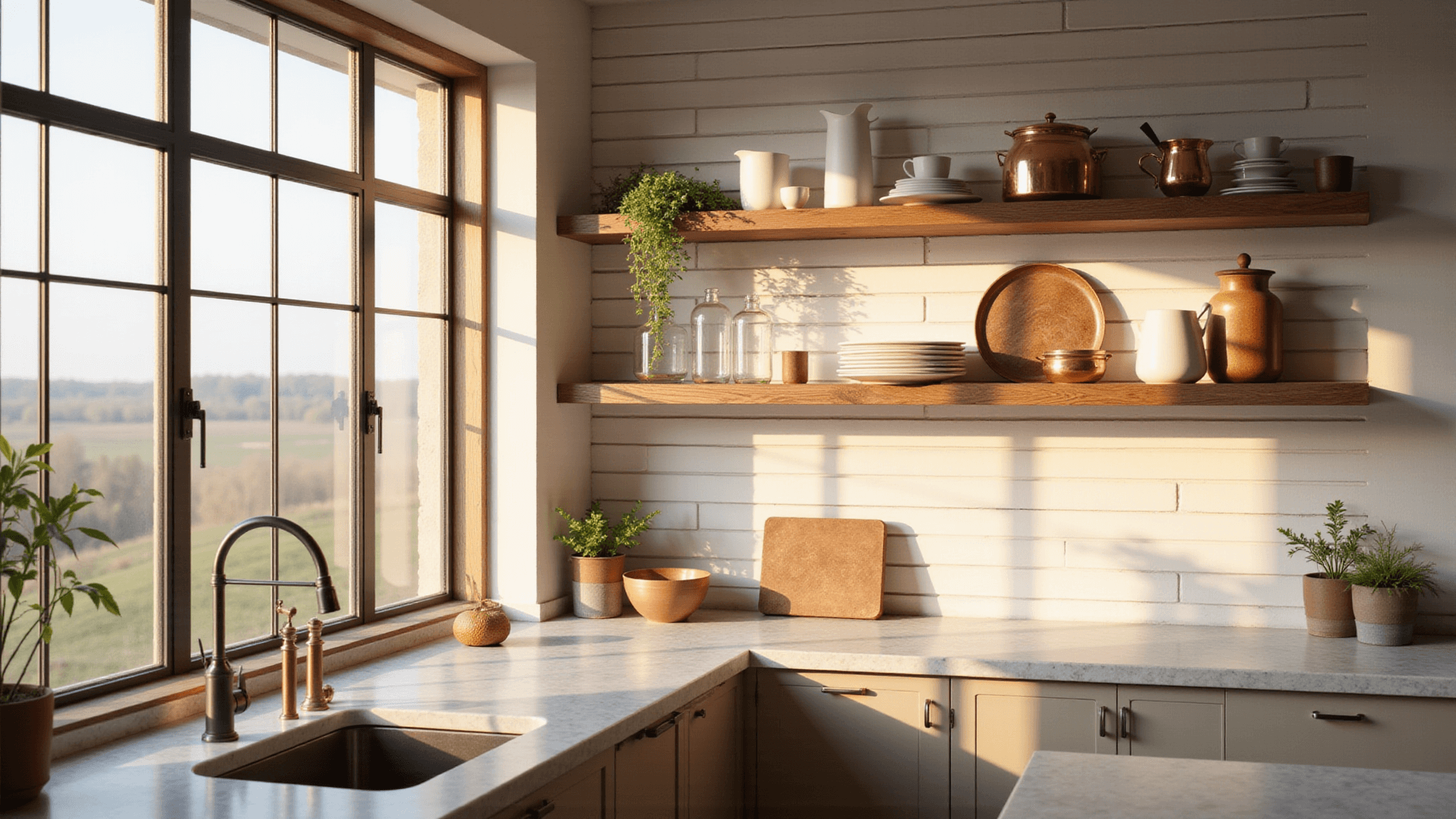 Bright, airy kitchen with walnut floating shelves against white shiplap walls, showcasing white ceramics and copper cookware, bathed in warm golden hour sunlight.
