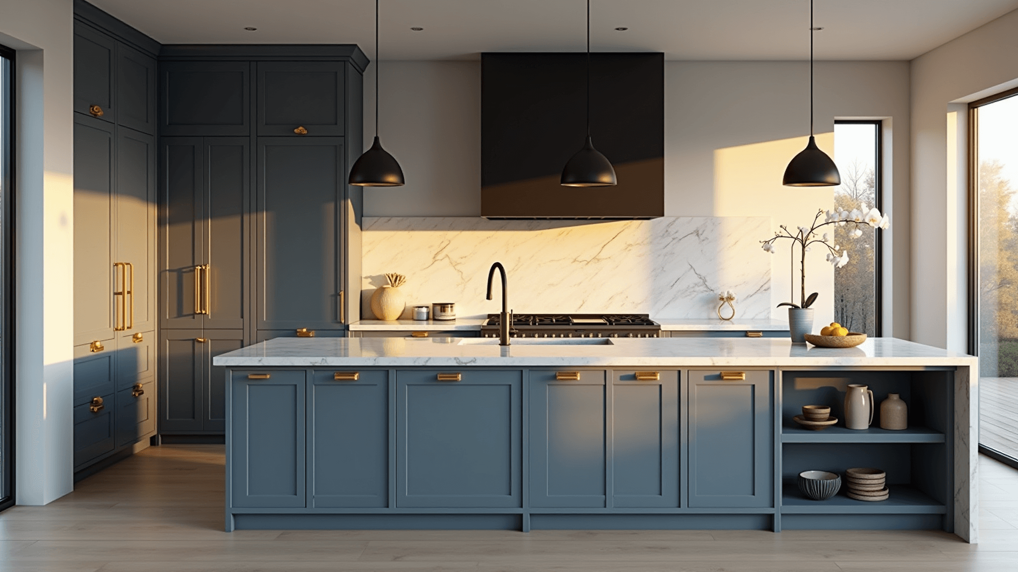 Photorealistic image of a luxurious modern kitchen featuring blue-gray cabinets, a white marble waterfall island, and warm golden hour lighting streaming through large windows.